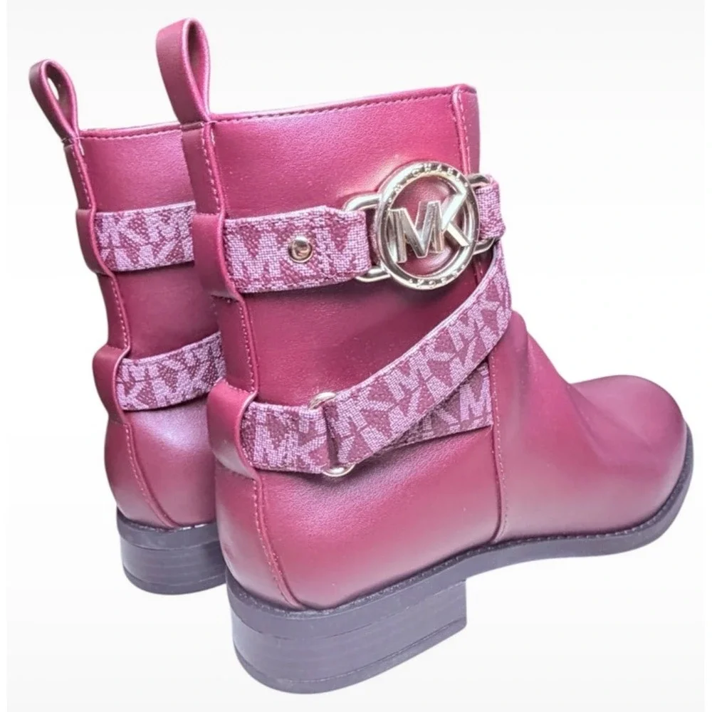 Michael Kors Womens Merlot Monogram Ankle Boots Gold MK Logo Buckle Side Zip